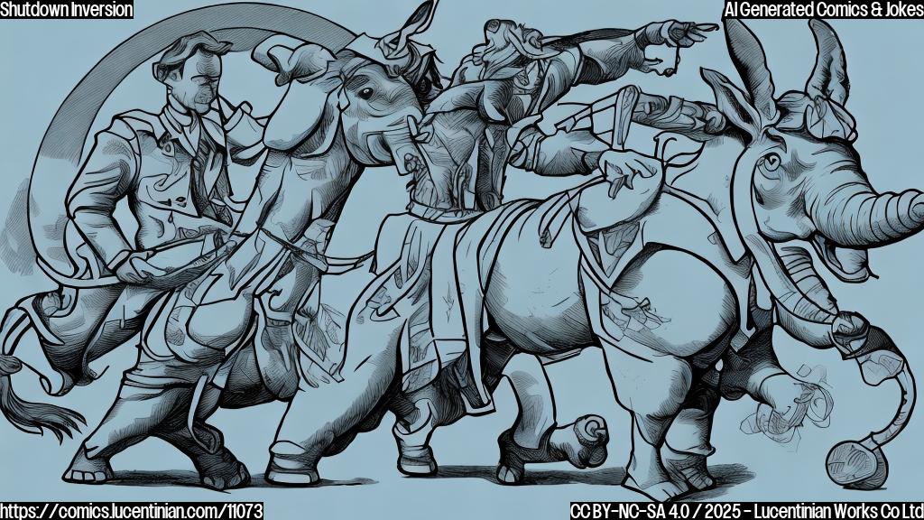 Cartoon image of two political party symbols, one shaped like a donkey and the other like an elephant, spinning around in opposite directions with arrows indicating a reversal of roles. The background is a plain light blue.