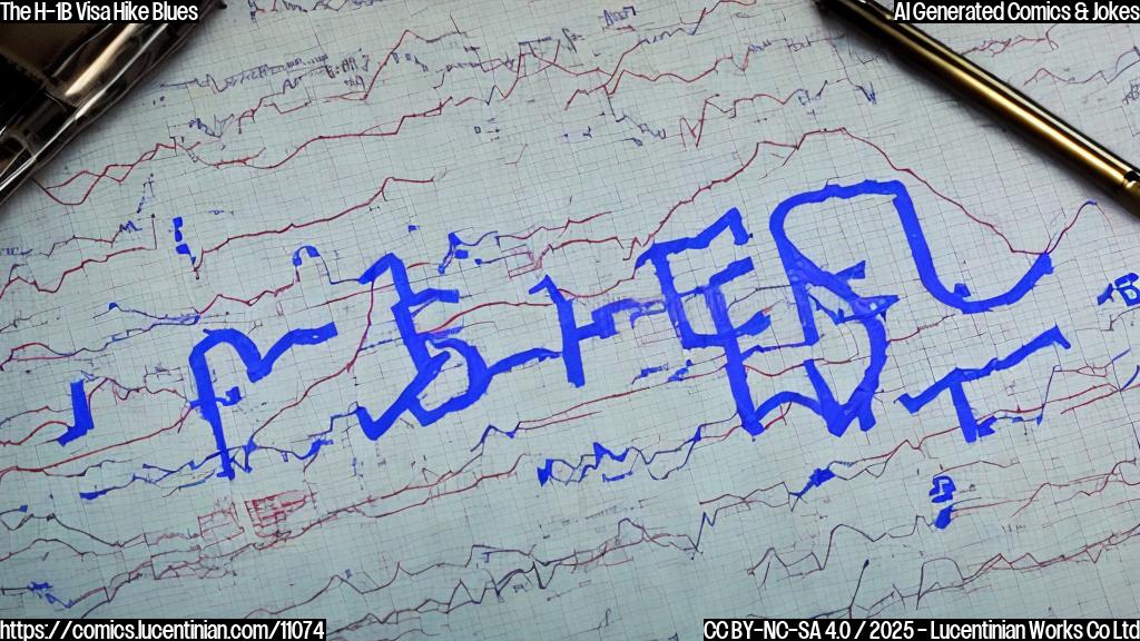 Cartoon of a sad-looking stock market graph with the line plummeting downwards. A small suitcase with "H-1B" written on it lies abandoned next to the graph. The overall color scheme is muted and blueish, with a simple, plain background.