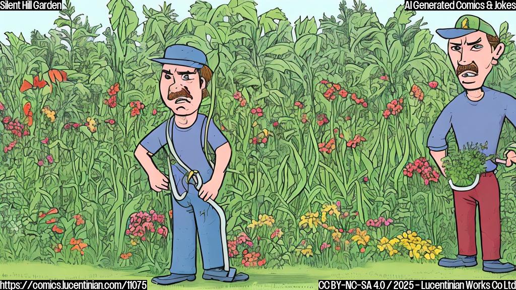 a plain color cartoon style picture of a gardener, looking scared, standing in front of a garden filled with angry-looking, overgrown plants.