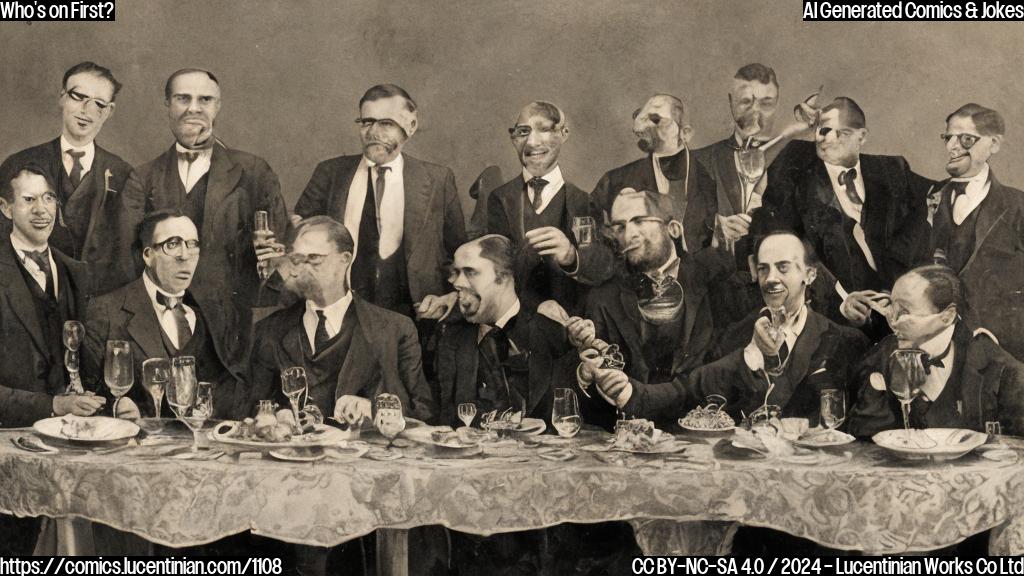 a group of men in suits sitting around a table with a big bowl of fruit salad and champagne glasses, one man is holding a plate with a small steak on it