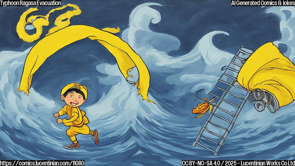 A simple, plain-color cartoon of a Filipino character wearing a yellow raincoat and carrying a comically large ladder, running away from a dark blue swirling typhoon in the background. The overall style is very basic and flat, with no shading or details.