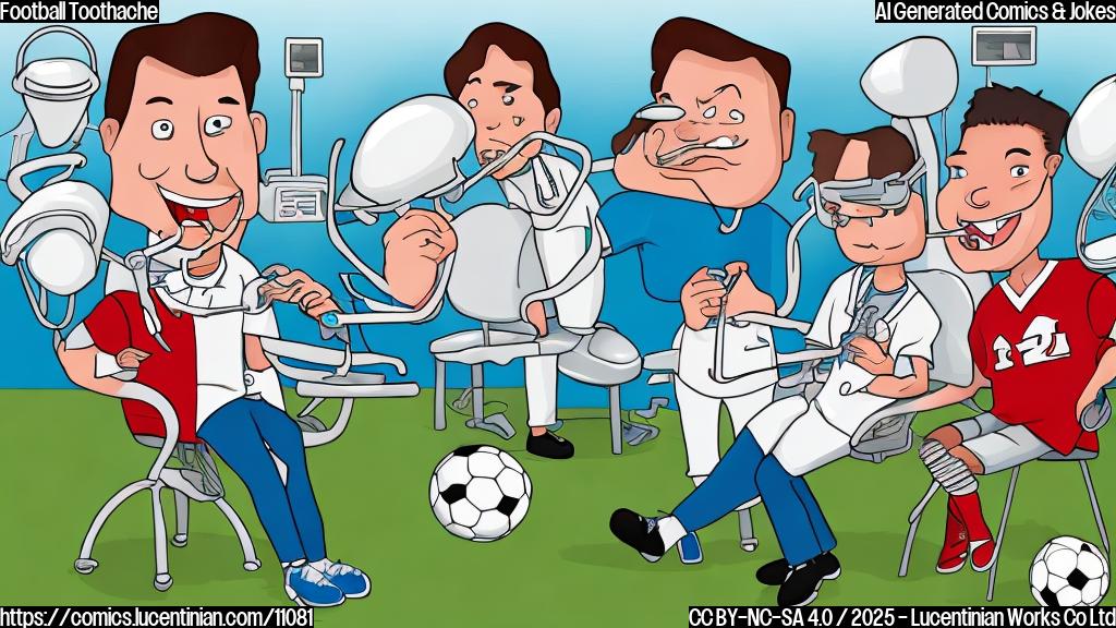 A cartoon drawing in a plain style showing a football team on a field. One player is sitting in a dentist's chair while another player, dressed as a dentist, uses oversized pliers to extract a large molar from the first player's mouth. The molar is shaped like a football.