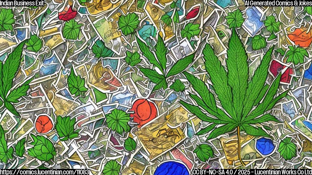 A simple cartoon of a giant green weed tangled in a field of papers with various colorful stamps and seals on them. The weed has a frowning face. Plain background.