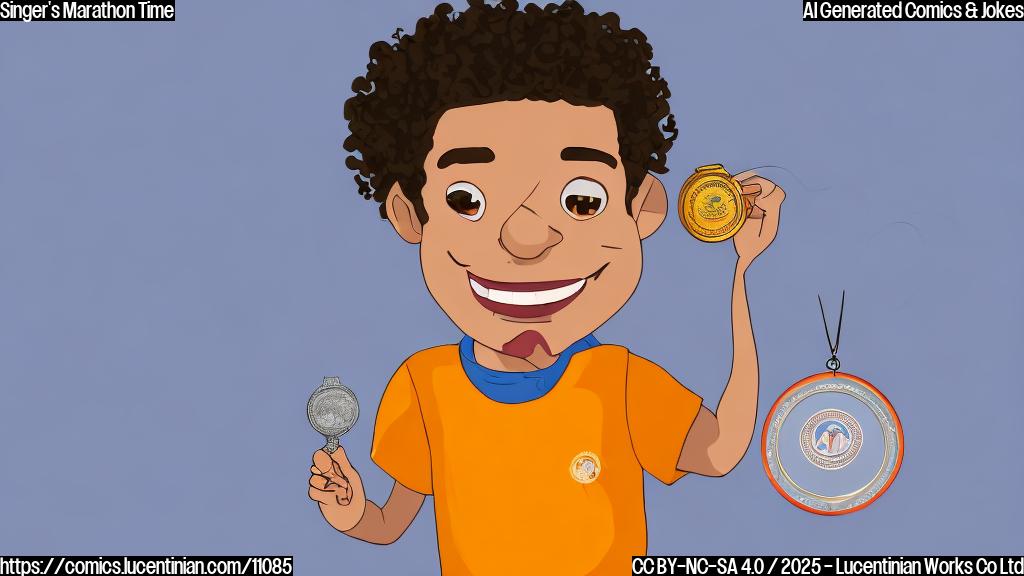 A cartoon image of a smiling male singer with curly brown hair wearing athletic gear, holding a medal. The background is a plain light blue. The art style is simple and childlike.