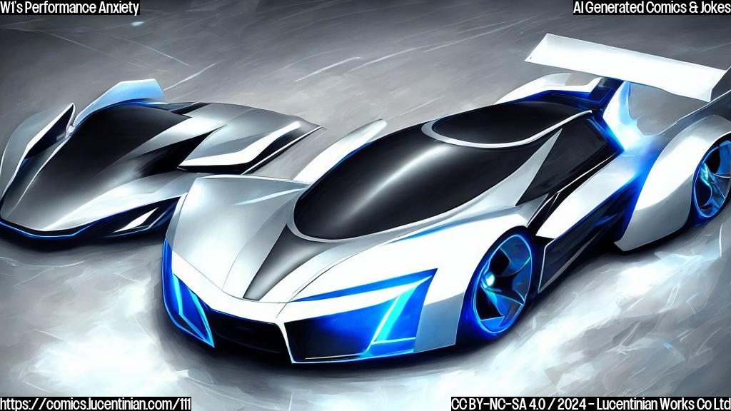 Draw a cartoon-style picture of a sleek, futuristic car with a metallic blue and silver body. The car has two massive spoilers on the trunk, and a distinctive wing design on the side. Add some subtle lighting effects to give it an otherworldly glow. Incorporate some minimalist graphics, such as tiny speedometers and rev counters, into the background of the car's dashboard. Make sure the overall design exudes high-performance and advanced technology.