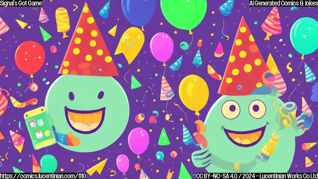 A cartoon of a smiling, rounded phone with a party hat on, surrounded by colorful virtual invitations and reaction emojis.