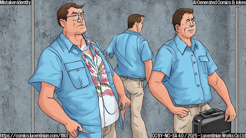 A bewildered tourist in cartoon style, wearing a Hawaiian shirt and holding a suitcase, standing behind prison bars with a confused expression. The background is a plain light blue.