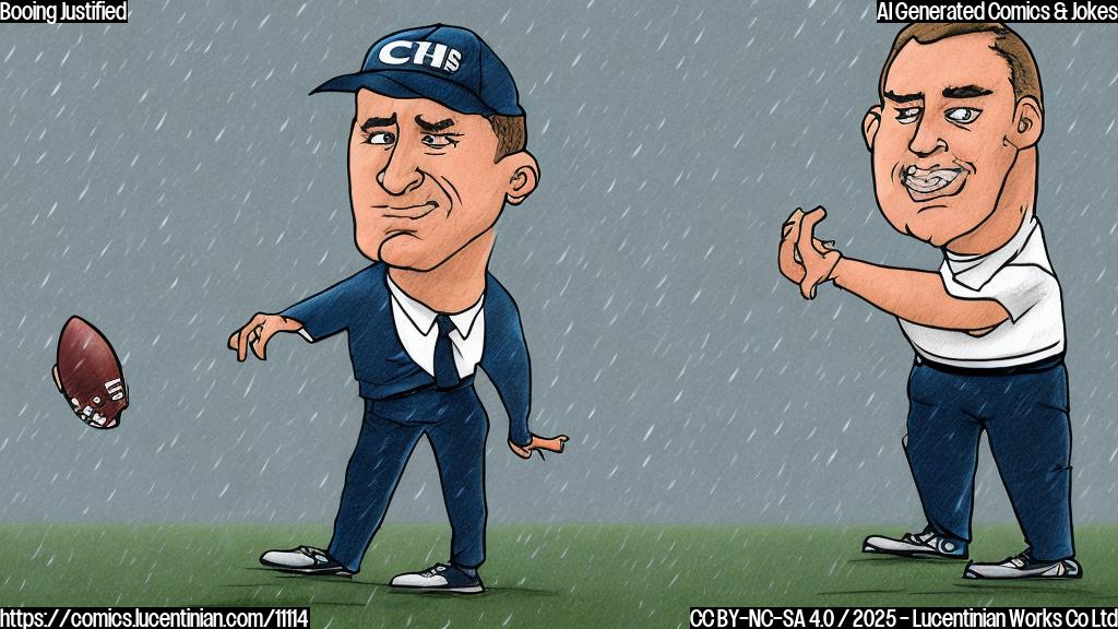 A cartoon drawing of a football coach with a downcast expression, standing on a football field under a rain cloud. The color is a dull grey.