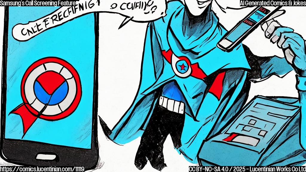 A cartoon drawing depicting a generic smartphone wearing a superhero cape labeled "Call Screening". The phone is standing proudly on a podium with two other smartphones looking up at it with admiration. The background is a plain light blue.