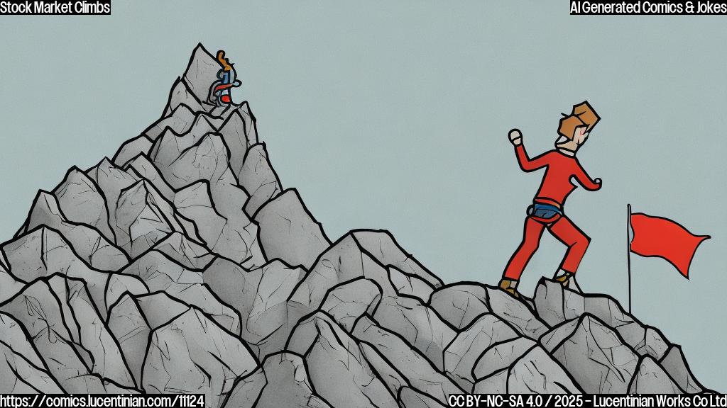 Plain color cartoon style illustration of a graph line shaped like a person climbing a mountain with a flag labeled "Record High" at the summit. The background is a solid light blue.
