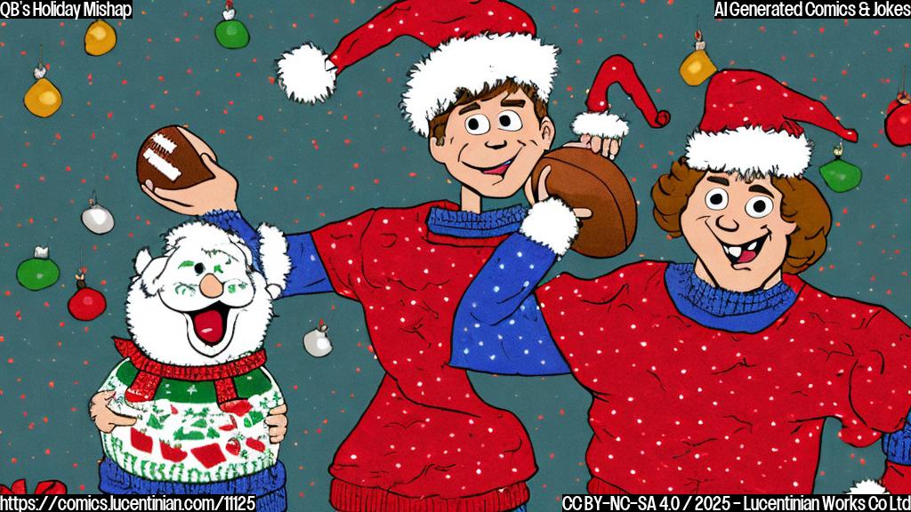 A cartoon style image of an American football quarterback dressed in a festive holiday sweater looking surprised and holding a lump of coal. The background is a plain light blue.