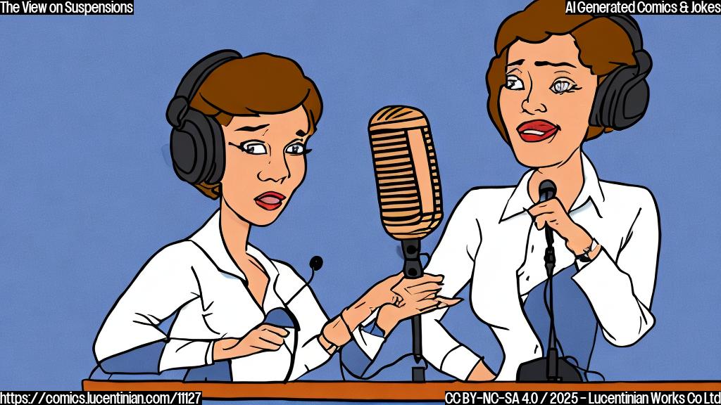 A simple cartoon drawing of a confident woman with short, distinct eyebrows, sitting behind a talk show desk with a microphone, looking directly at the viewer with a determined expression. The background is a plain light blue.