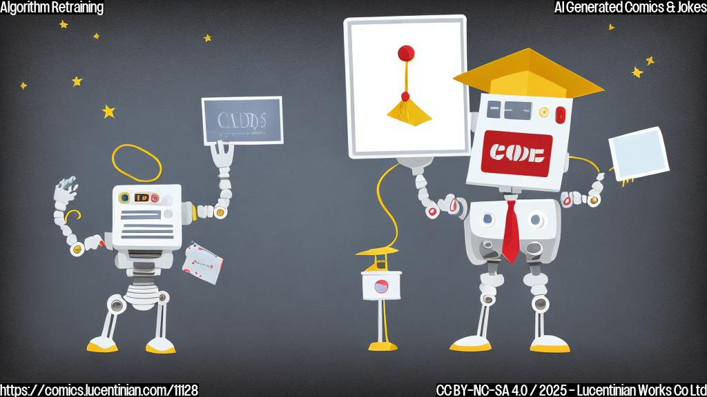 Plain color cartoon style picture of a robot wearing a graduation cap, holding a diploma, and standing in front of a blackboard with code on it.