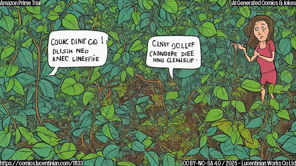 A plain color cartoon style picture of a person looking stressed while navigating a complicated jungle of vines, with a small sign that says "Membership Cancellation" hidden deep within the foliage.