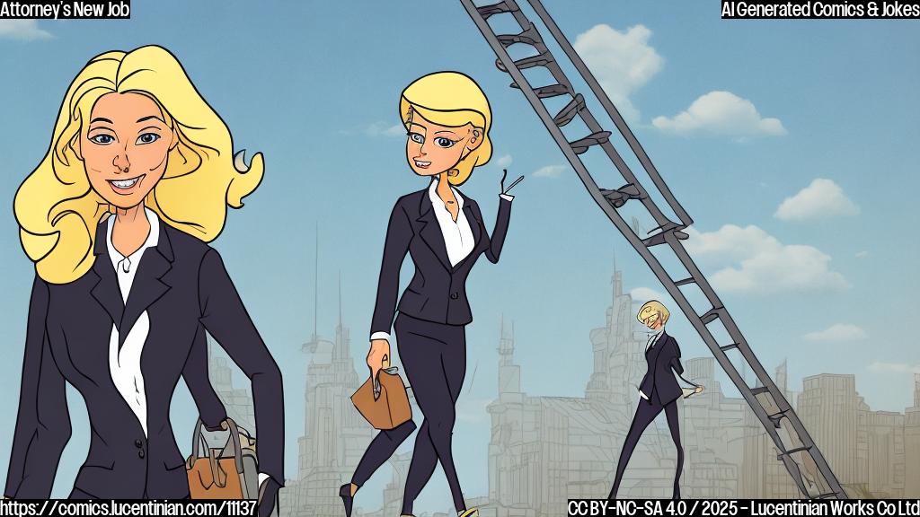 A cartoon image in a flat color style depicting a female lawyer with blonde hair wearing a dark suit, carrying a very tall ladder, walking towards a courthouse. The sky is bright blue.