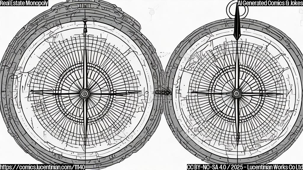 A simple, plain color cartoon image depicting a large, faceless corporation wearing a suit and tie, greedily grabbing at a compass. The background is a single, light color. The style should be minimalist and cartoonish.