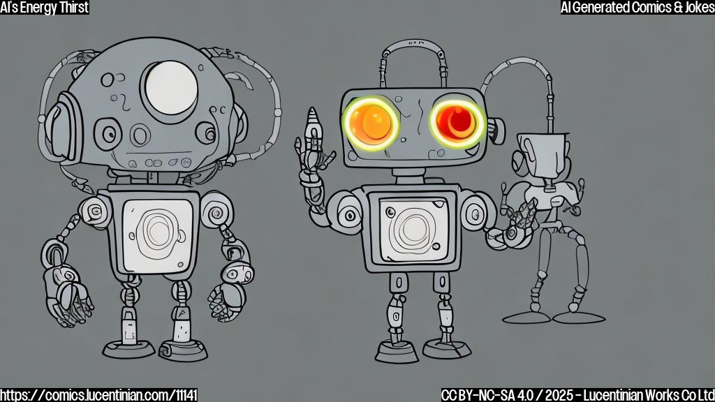 A confused looking cartoon robot with glowing eyes standing next to a giant power plug, cartoon style, plain color background.