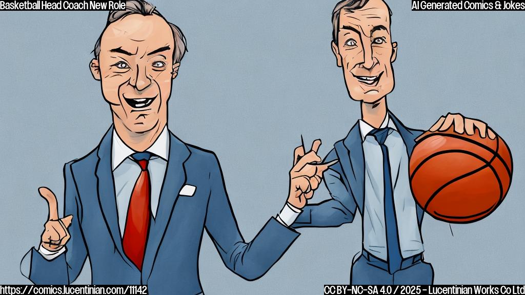 A cartoon style image of a man in a suit holding a basketball and a ladder, with a confused expression on his face. The background is a plain light blue color.