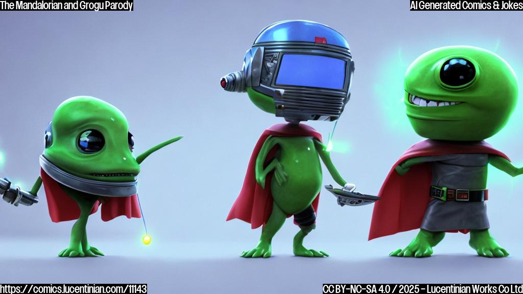 A cartoon bounty hunter with a helmet and cape standing next to a small green alien creature with big eyes, both looking disgusted at a television screen. The screen shows a stick figure comedian with a microphone telling a bad joke. The background is a plain light blue.