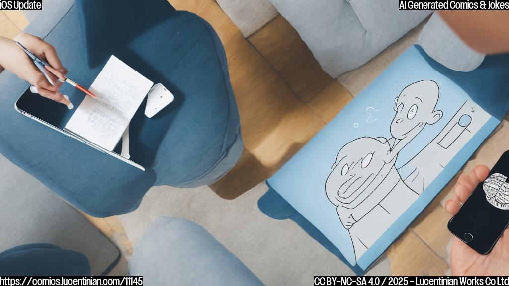 A simple cartoon of a smartphone lying on a therapist's couch. The smartphone looks stressed and has a cracked screen. The therapist, a friendly-looking cartoon cloud, is taking notes on a clipboard. The background is a plain light blue.