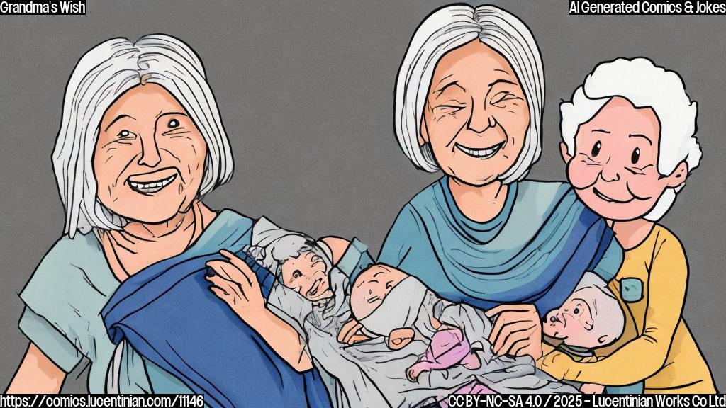 Draw a plain color cartoon style picture. The picture features a smiling, older woman with gray hair, handing a folded baby blanket to a younger woman with long blonde hair. The younger woman is smiling awkwardly.