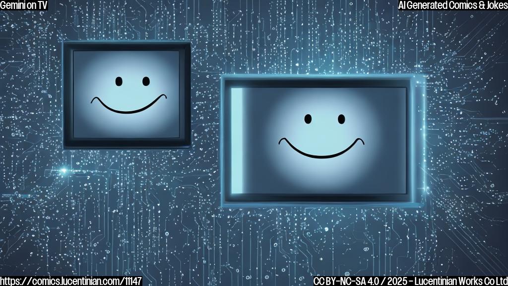 A plain color cartoon style picture of a smiling television with an AI chip attached to its screen, looking intelligent.
