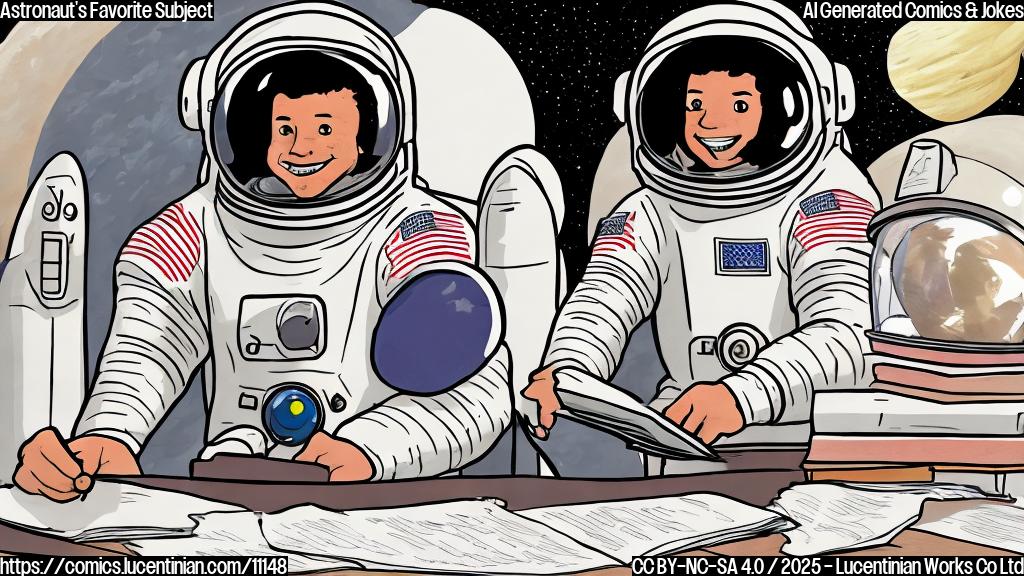 A simple, plain color cartoon style picture showing a cartoon astronaut wearing a white spacesuit and helmet, sitting at a desk with textbooks and a test paper with a big "A+" on it. Stars are subtly twinkling in the background.