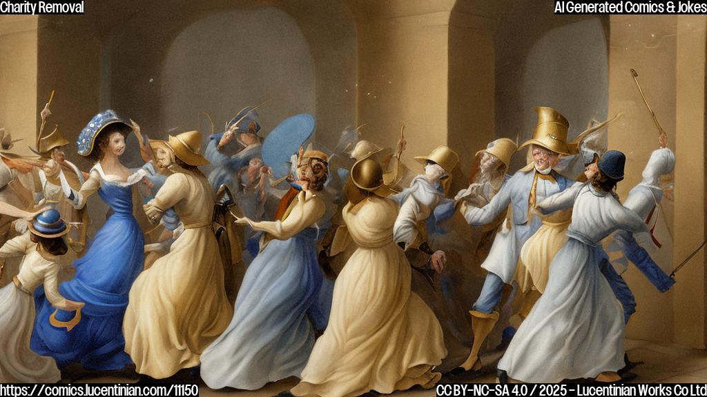 a plain color cartoon style picture of a woman wearing a large fancy hat being quickly pushed out of a doorway by a group of faceless figures representing charities. The background is a simple blue gradient.