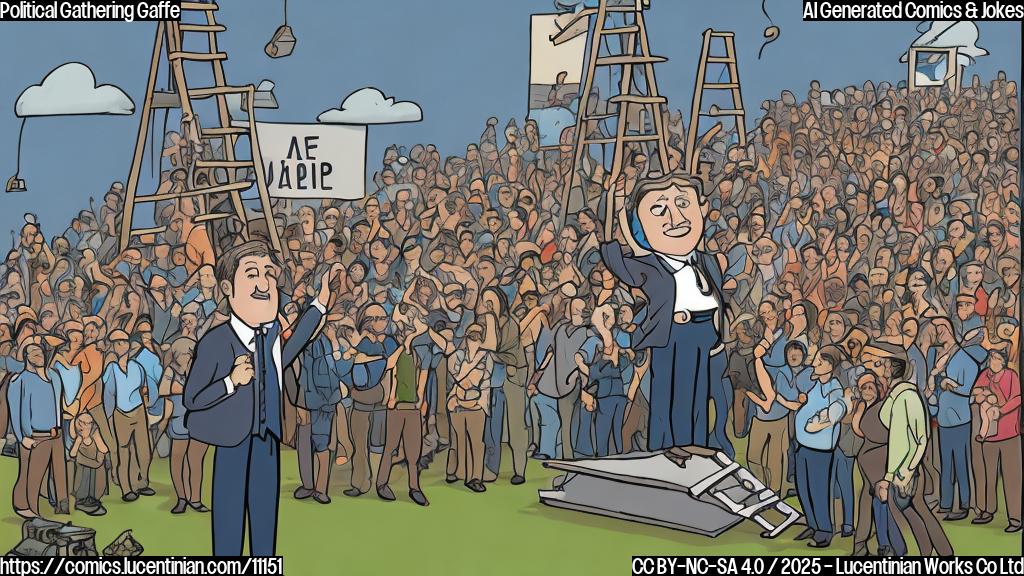 A plain color cartoon style image of a politician standing awkwardly next to a ladder at a political rally. There are many people around him, but they all look confused. The background should be a simple, solid color.