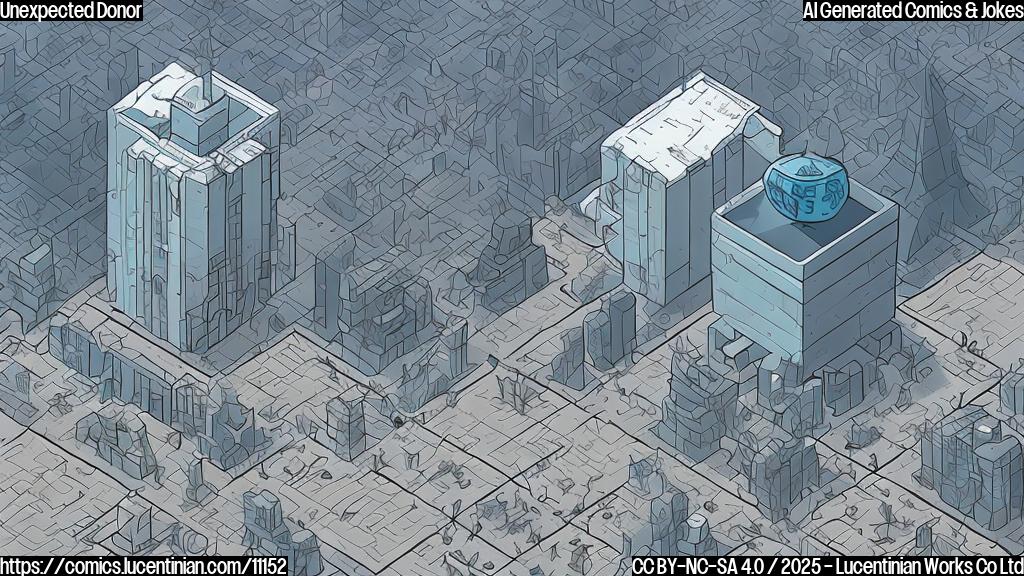 Plain color cartoon style image: A tiny foundation building, dwarfed by a giant political organization headquarters. A money bag with wings flies from the small building to the large one.