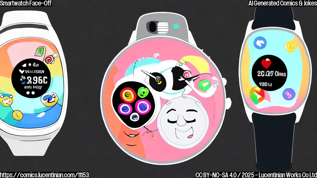 Cartoon image of two smartwatches facing each other. The smartwatch on the left has a slightly grumpy expression, and the smartwatch on the right has a confident smile. Both are plain color style and cartoon style.