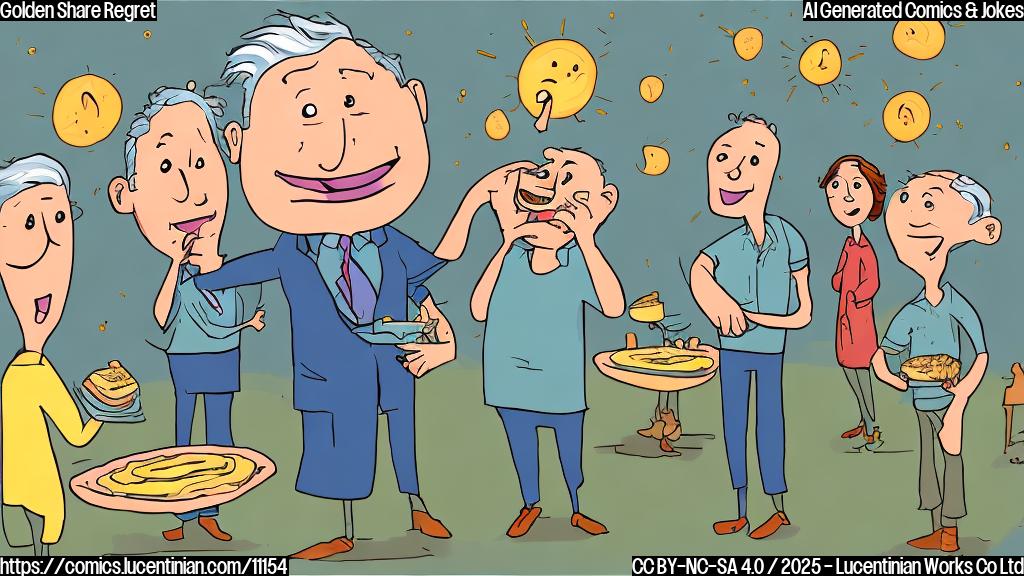 A cartoon-style drawing of a sad, simple character representing the U.S. government, looking longingly at other characters who are happily eating pie slices that are glowing gold. The background is a bright, simple field with a picnic blanket.