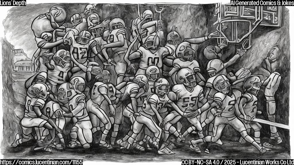 A cartoon drawing of a football team standing next to a very long, comically deep hole labeled "Depth Chart". One player is holding a ladder looking nervously into the hole. The style is plain colors and simple lines.