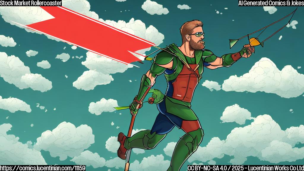 Cartoon image of a green arrow pointing upwards towards a sky with clouds, and a red arrow pointing downwards towards the earth. The style is simple, flat colors, like a stock market infographic.