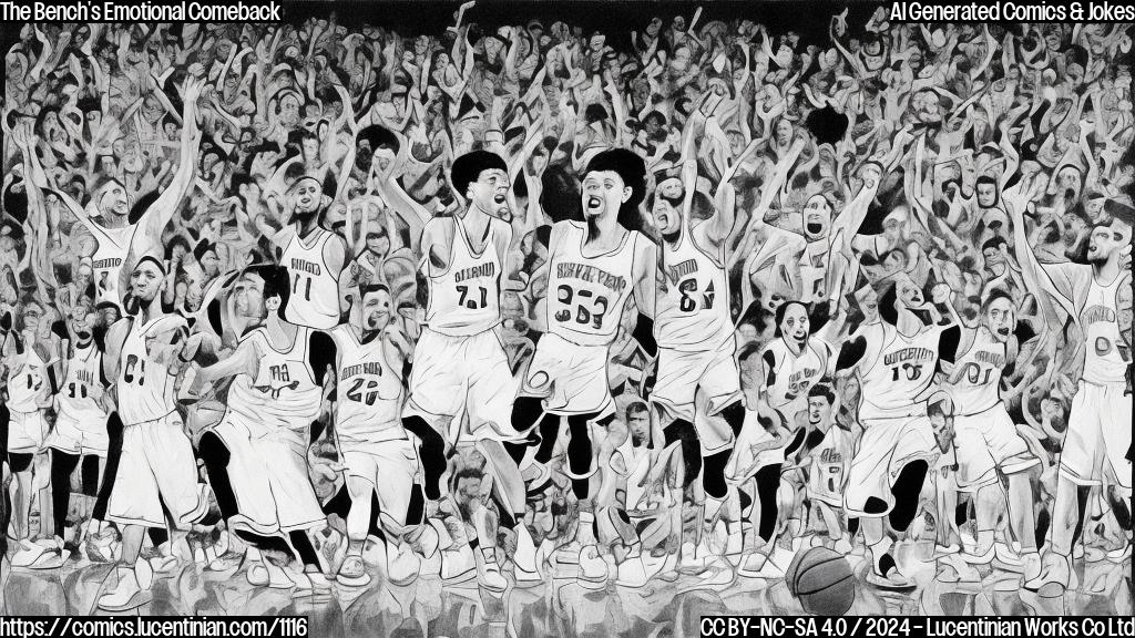 Draw a plain color cartoon style picture of a basketball team bench with 3-4 players sitting on it, looking relieved and happy after a big win, surrounded by cheering fans in the stands.
