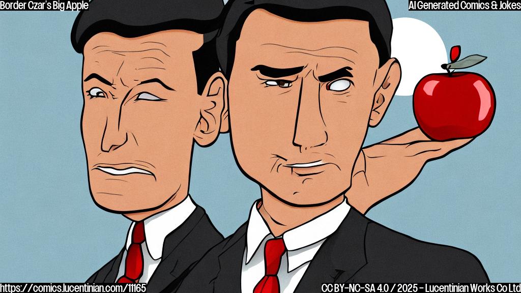 Cartoon illustration of a serious-looking man in a suit rejecting a bright red apple held out by a shadowy figure in a trench coat. The background is a plain light blue.
