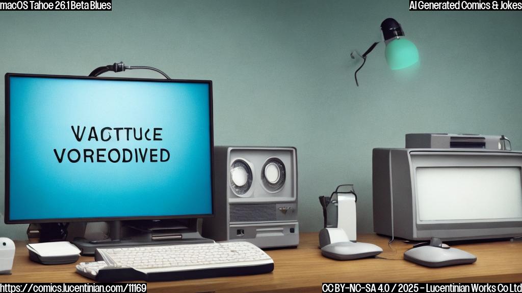 A sad, light gray cartoon computer with an old tube screen, showing a blue screen with the words "Tahoe Vacation Needed" in a simple, rounded font. The computer sits on a light brown desk in a cartoon style office. The background is a plain light green.