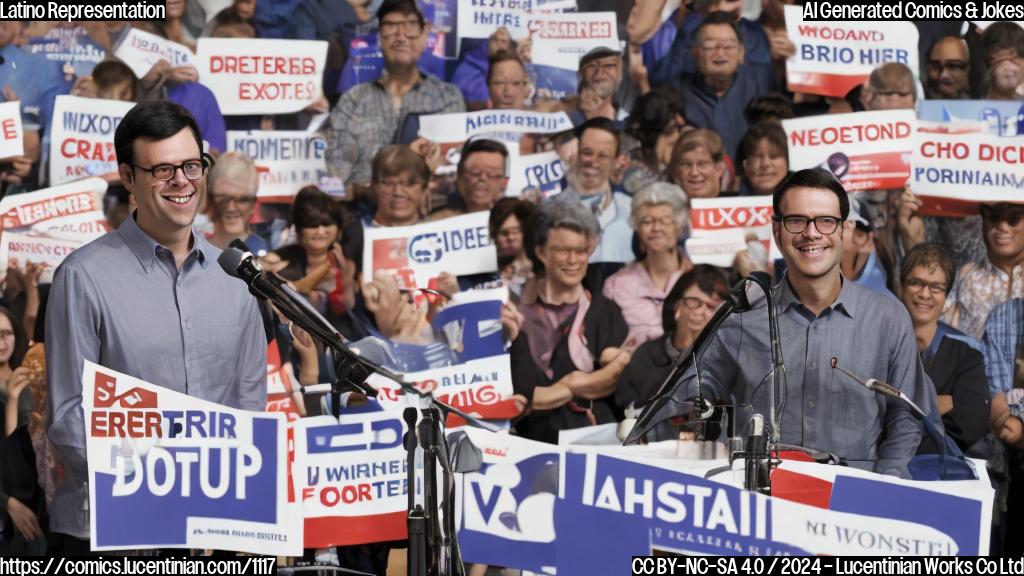 A smiling, bespectacled man with dark hair and a light-colored shirt stands at a podium, with a large crowd behind him. He is holding a microphone and has a confident expression on his face. The background is blurred, with some election signs visible.