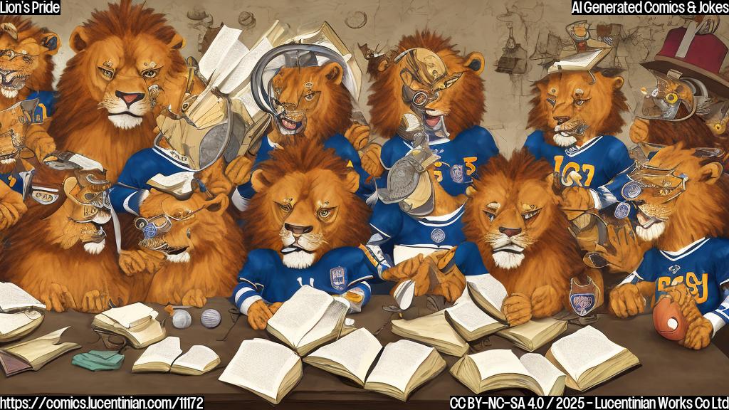 A cartoon of a group of anthropomorphic lions wearing football jerseys sitting around a table with books, some looking confused, one with a monocle reading aloud. The background is a simple, plain color.