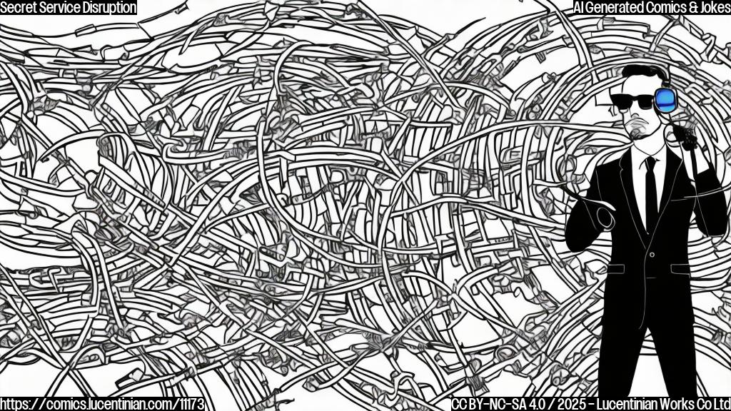 Cartoon style image of a serious looking man in a dark suit and sunglasses, with a headset microphone, severing a large bundle of colorful wires with oversized scissors. The backdrop is a simplified, flat-colored cityscape. The overall tone is humorous but slightly serious.