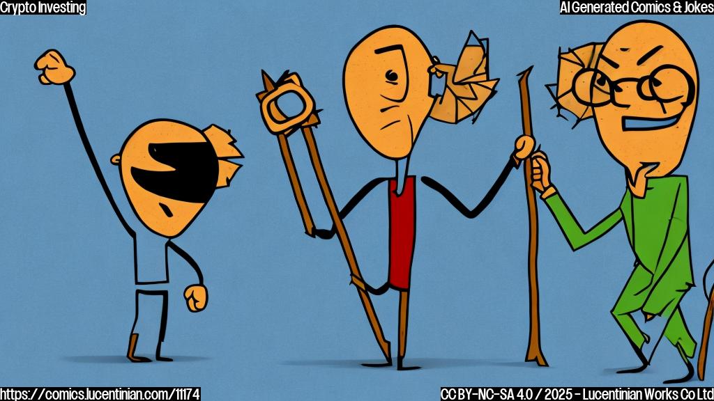 A cartoon style picture on a plain blue background. Depict two stylized stick figures. One stick figure, representing a cryptocurrency investor, is frowning and gesturing dismissively. The other stick figure, representing a traditional bank, looks sad and has a small, cracked heart symbol above its head.