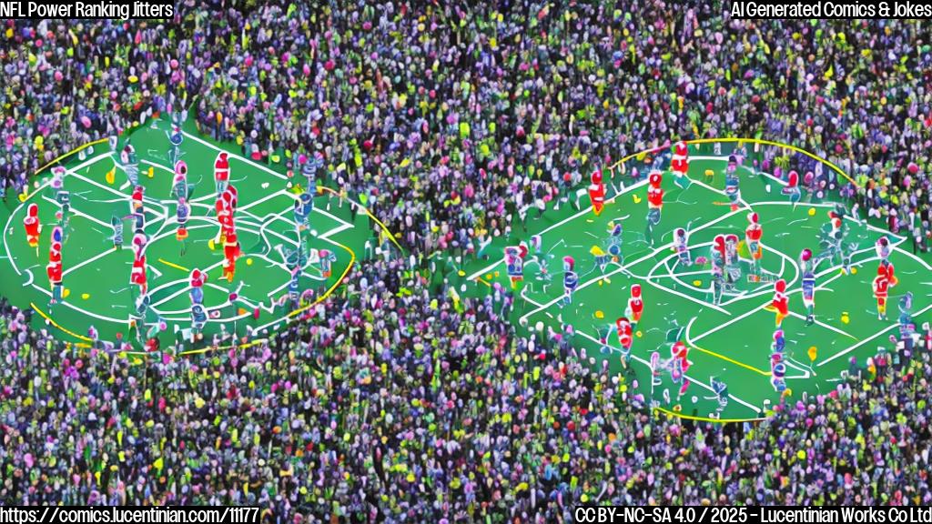 Cartoon style image of a football team huddled together, looking nervously at a giant screen displaying fluctuating numbers and arrows pointing up and down. The overall color scheme is a plain, light green.