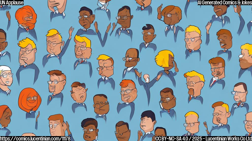 A plain cartoon style image depicting a large group of generically dressed, diverse world leaders seated at desks in a large hall, all applauding enthusiastically. On a raised platform at the front, a man with distinct orange hair is standing with a smug expression, gesturing wildly with his hands. The background is a simple blue with the UN logo stylized but not recognizable.