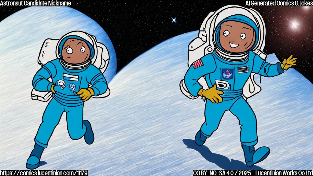 A cartoon image in a plain color style. Depict an astronaut candidate wearing a blue spacesuit with a shiny helmet. He's running very fast, leaving a sparkling trail of dust behind him. The background is a solid light blue color.