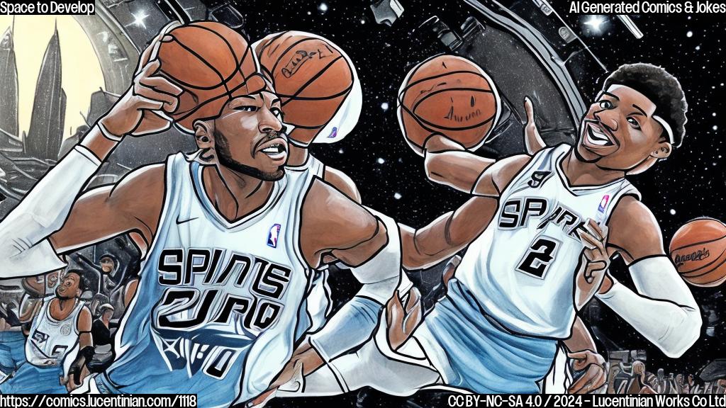 Draw a cartoon of a basketball player in a spaceship, with a cityscape in the background and a thought bubble above the player's head containing the words "DeRozan-ation" and "space to develop". The player should be wearing a San Antonio Spurs jersey and holding a basketball.