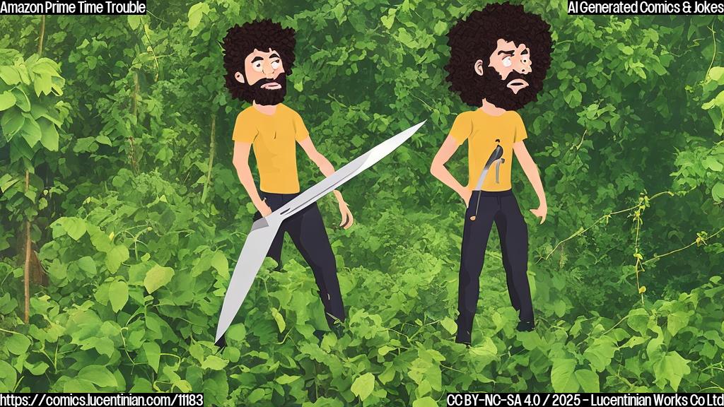 A frustrated cartoon person with wild hair, sweating, and using a machete to cut through vines labeled "Amazon Prime Subscription," surrounded by dense green foliage and pop-up ads.
