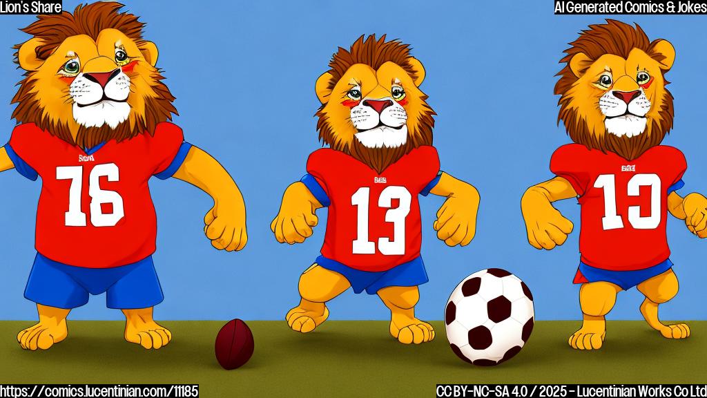 Two cartoon lions wearing football jerseys, one bigger than the other, standing next to each other with a football on a plain blue background.