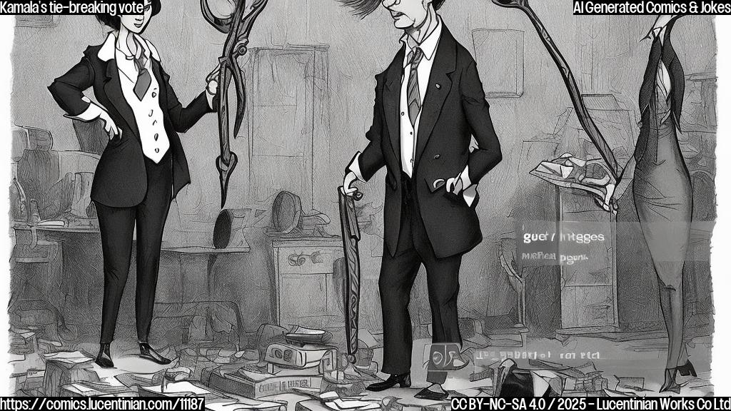 Draw a plain color cartoon style picture: A serious-looking woman with dark hair and a dark suit, standing in front of a very tall pile of neckties. She is holding a giant pair of scissors, ready to cut the ties. A senator with a grey suit is looking surprised.