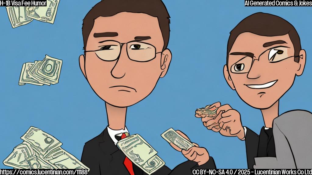 A plain cartoon style picture showing a sad-looking programmer with a visa in his hand, next to a large pile of money labeled "$100,000 H-1B Fee". A light blue background is fine.