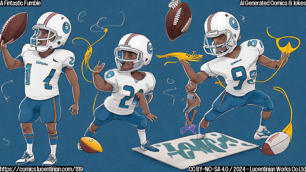 A cartoon-style image of a smiling dolphin wearing football gear and standing on top of a small ladder, with a football field in the background, and a confused-looking football player next to it.